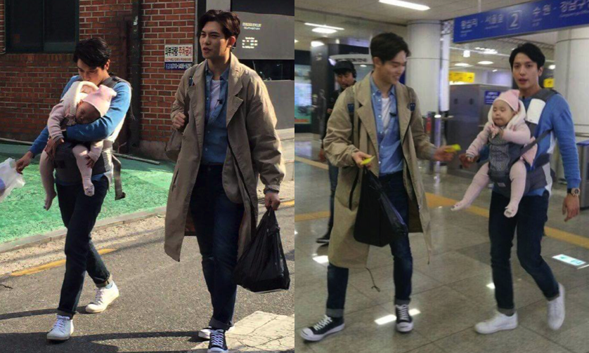 صورة يونغهوا و جونغهيون عضوي فرقة CNBLUE شوهدا مع طفل في شوارع سيول