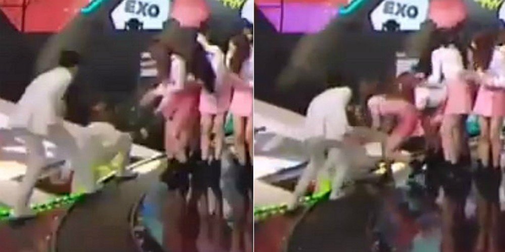 صورة بريستين ساعدن جونغهان عضو فرقة سفنتين بعد أن تعثر على مسرح حفل MBC الـ غايو دايجون