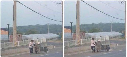 صورة [الآراء] جيهيو من بلوك بي شوهد وهو يساعد رجلا مسنًا في دفع عربته