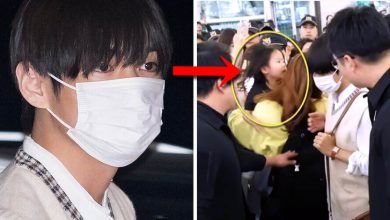 صورة ڤي عضو فرقة بانقتان ساعد امرأة سقطت على الأرض وطفلة صغيرة في مطار إنتشون الدولي